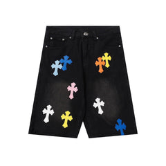 Chrome Hearts Black & Multi-Color Cross Patch Denim Shorts