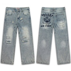 Vale Forever Light Blue Distressed Air Force Graphic Wide Leg Jeans