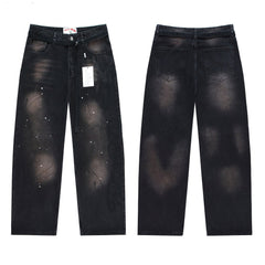 Vale Forever Black Faded Embroidery Splash Wide Leg Jeans
