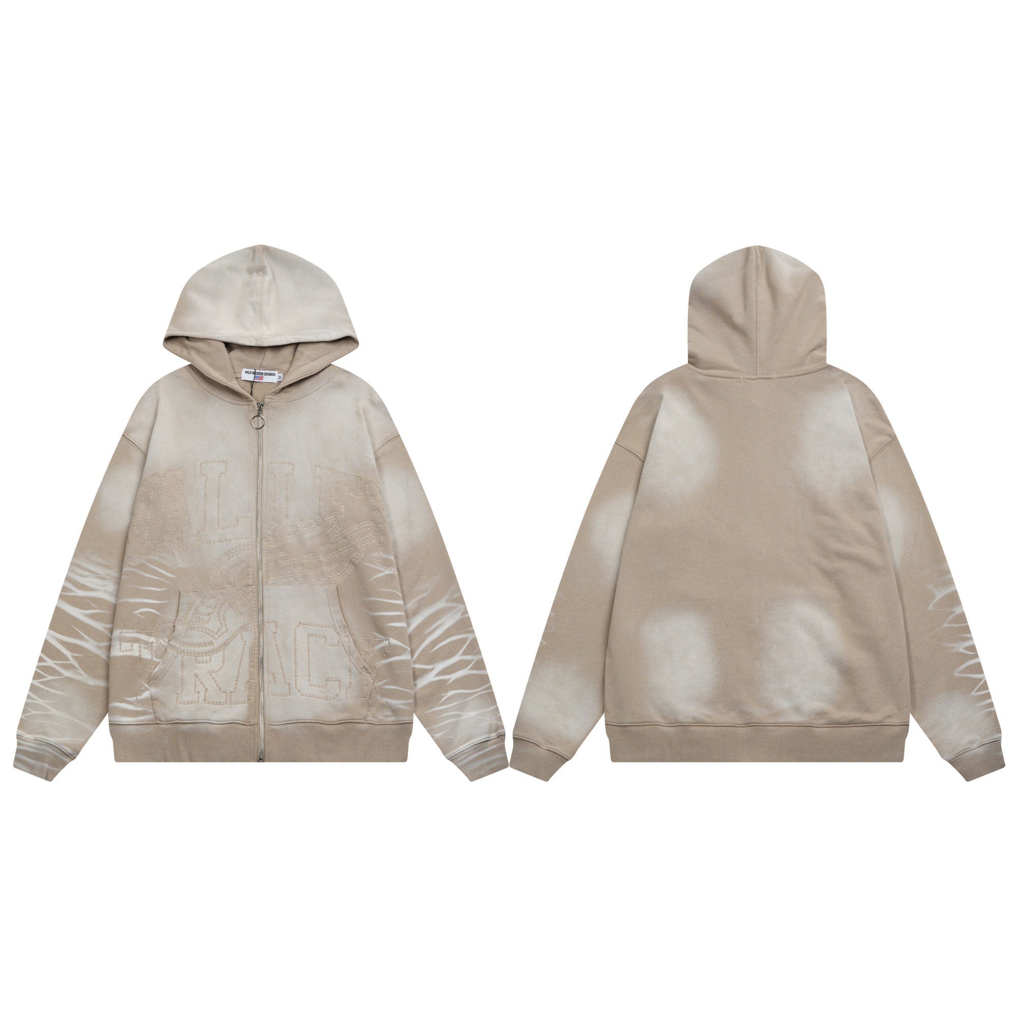 Vale Forever Beige Bleach Wash Graphic Full Zip Hoodie