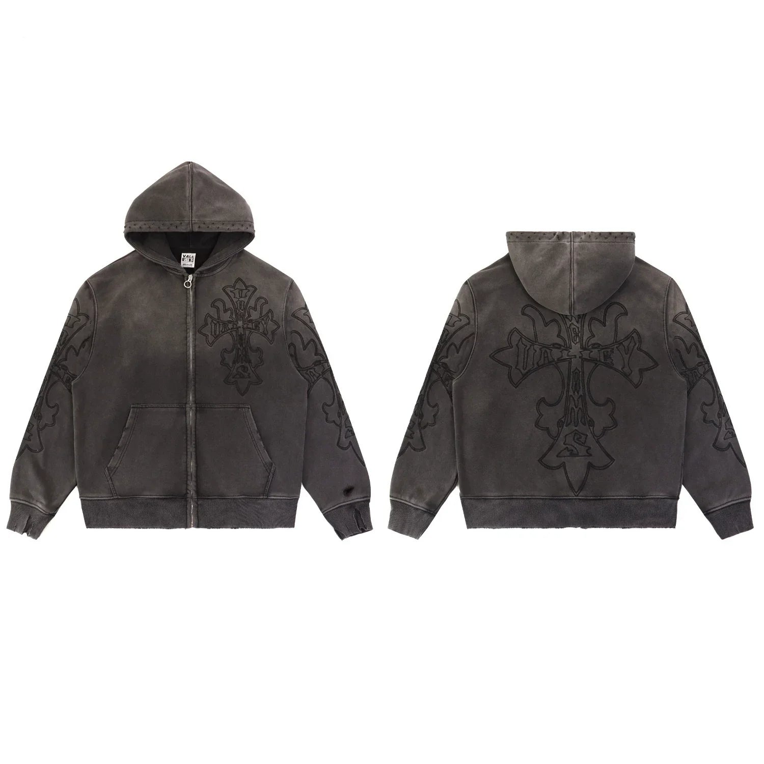 Vale Forever Washed Black Embroidered Cross Full Zip Hoodie