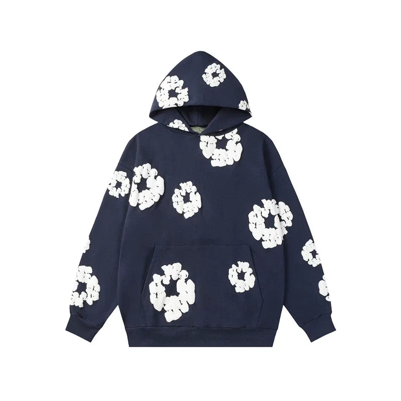 Denim Tears Navy Blue Allover White Cotton Wreath Pullover Hoodie