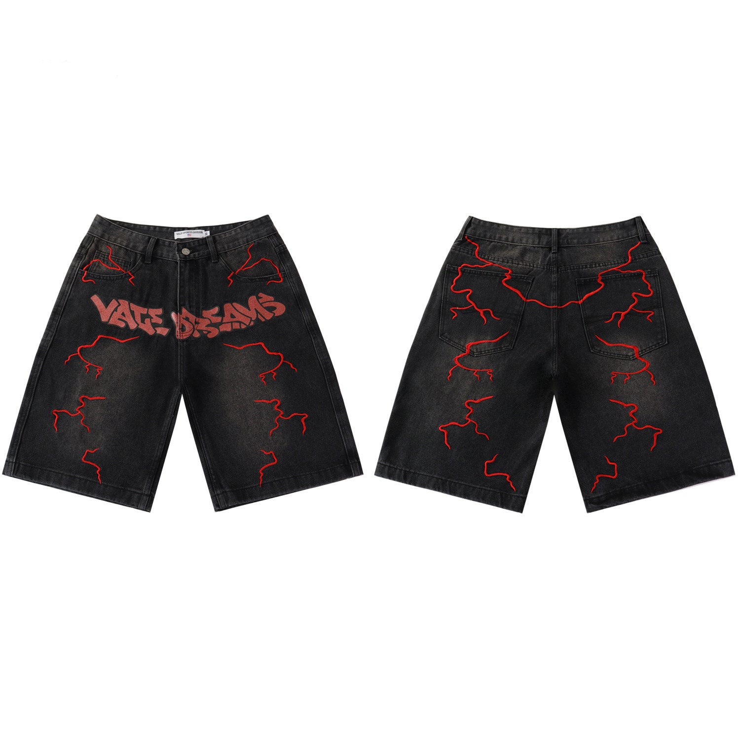 Vale Dreams Red Lightning Embroidered Black Faded Denim Jorts