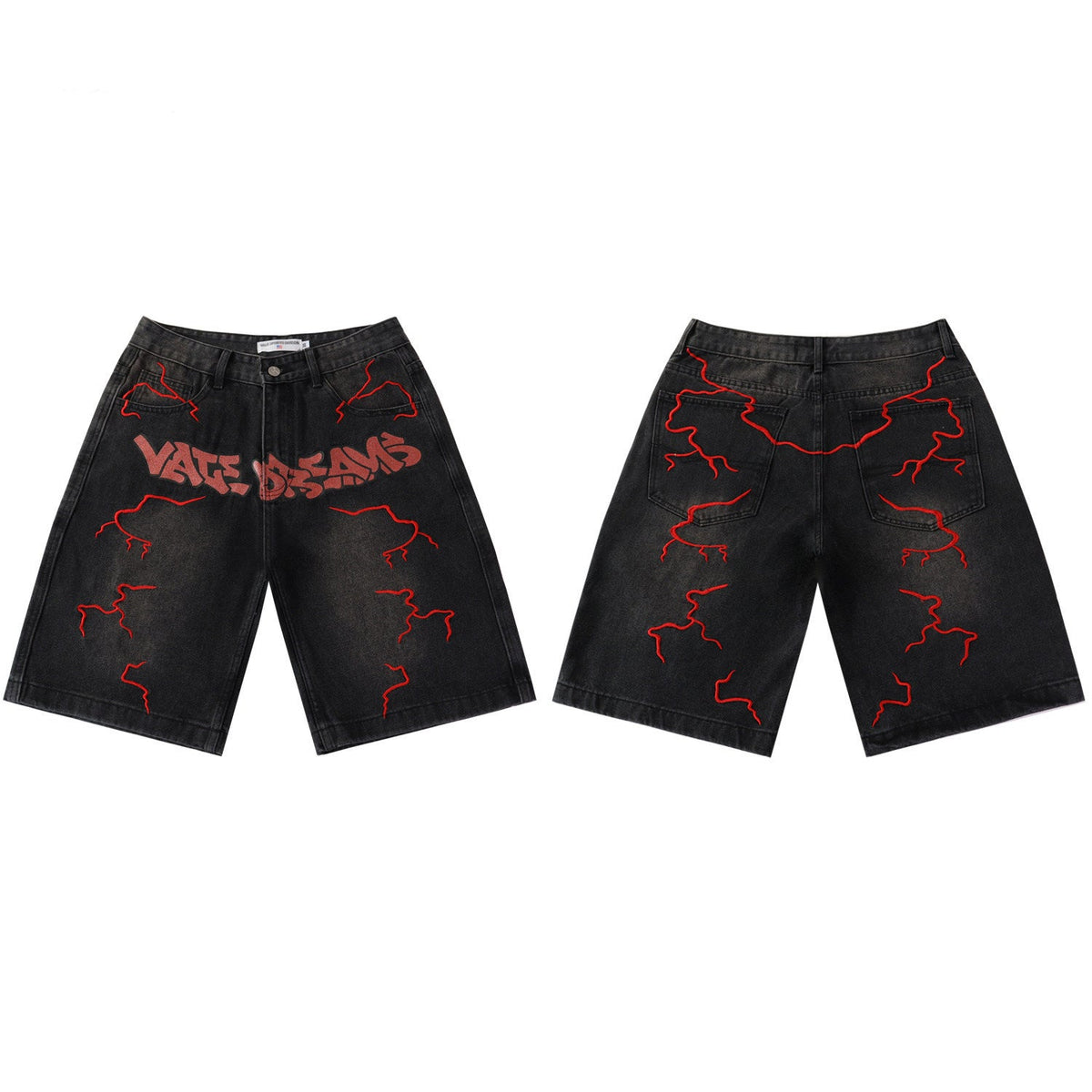 Vale Dreams Red Lightning Embroidered Black Faded Denim Jorts