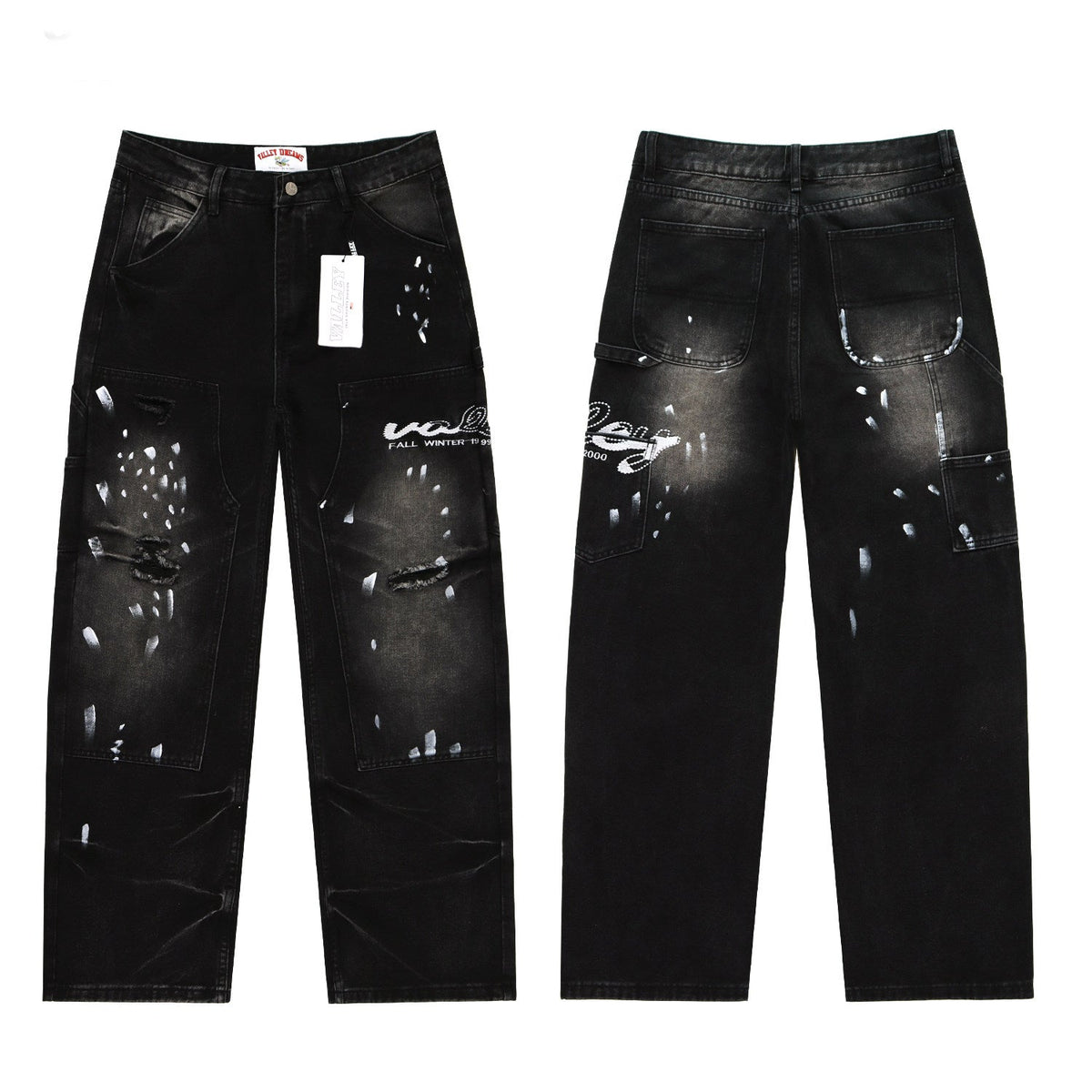 Vale Forever Black Splatter Distressed Cargo Wide Leg Jeans
