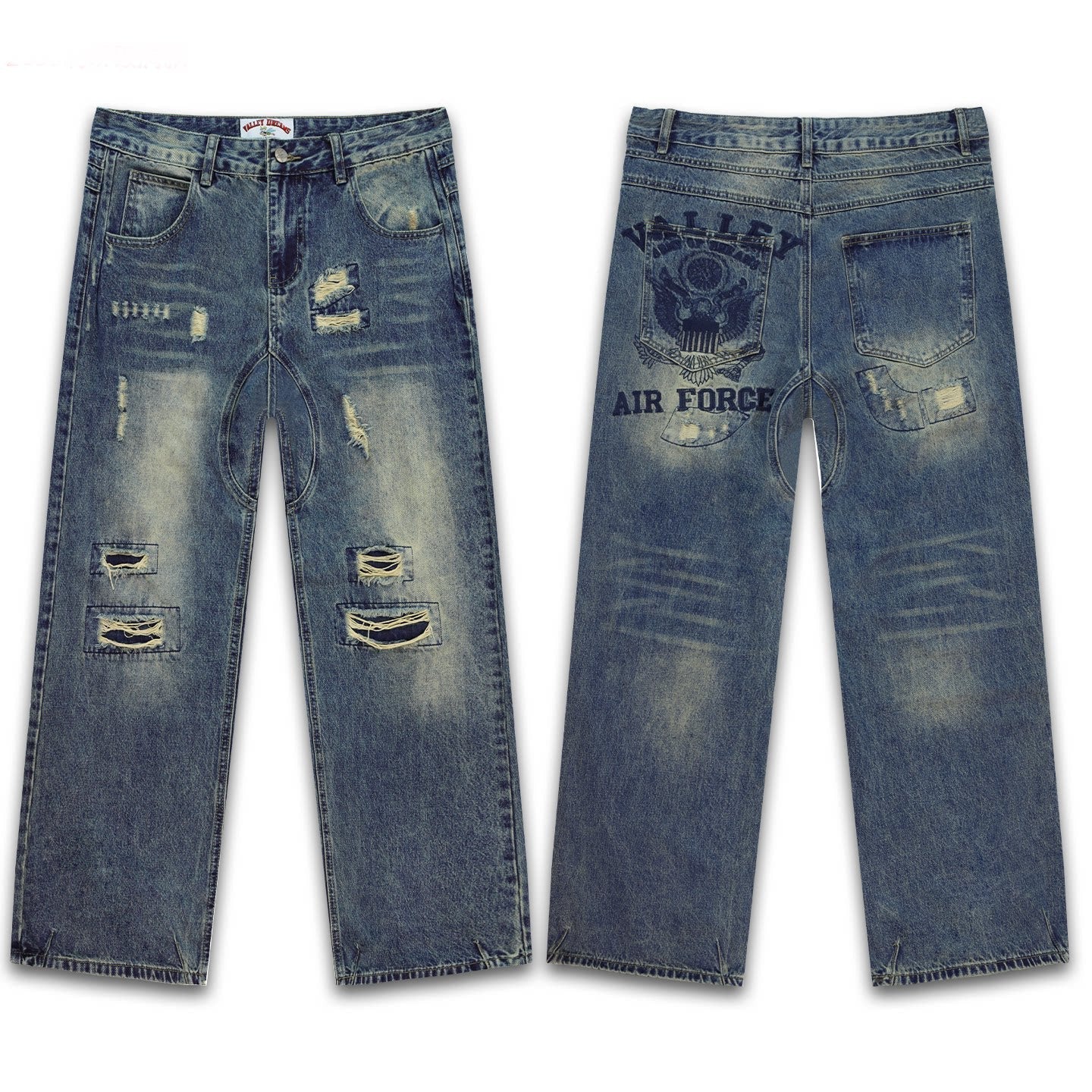 Vale Forever Dark Blue Distressed Air Force Graphic Wide Leg Jeans