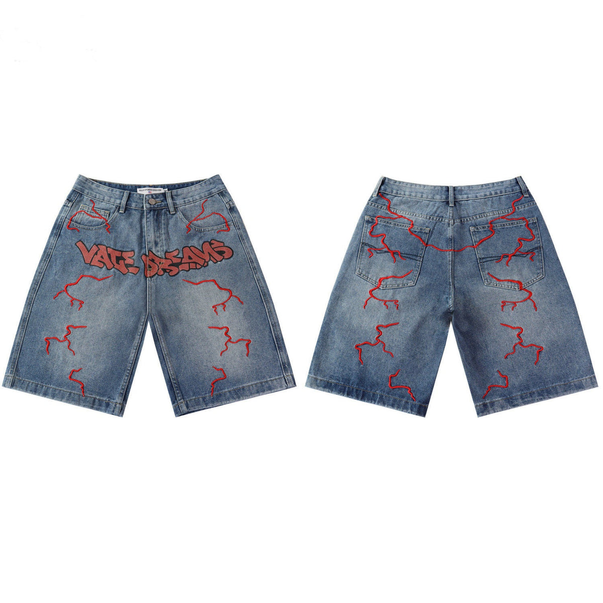 Vale Dreams Red Lightning Embroidered Light Blue Denim Jorts